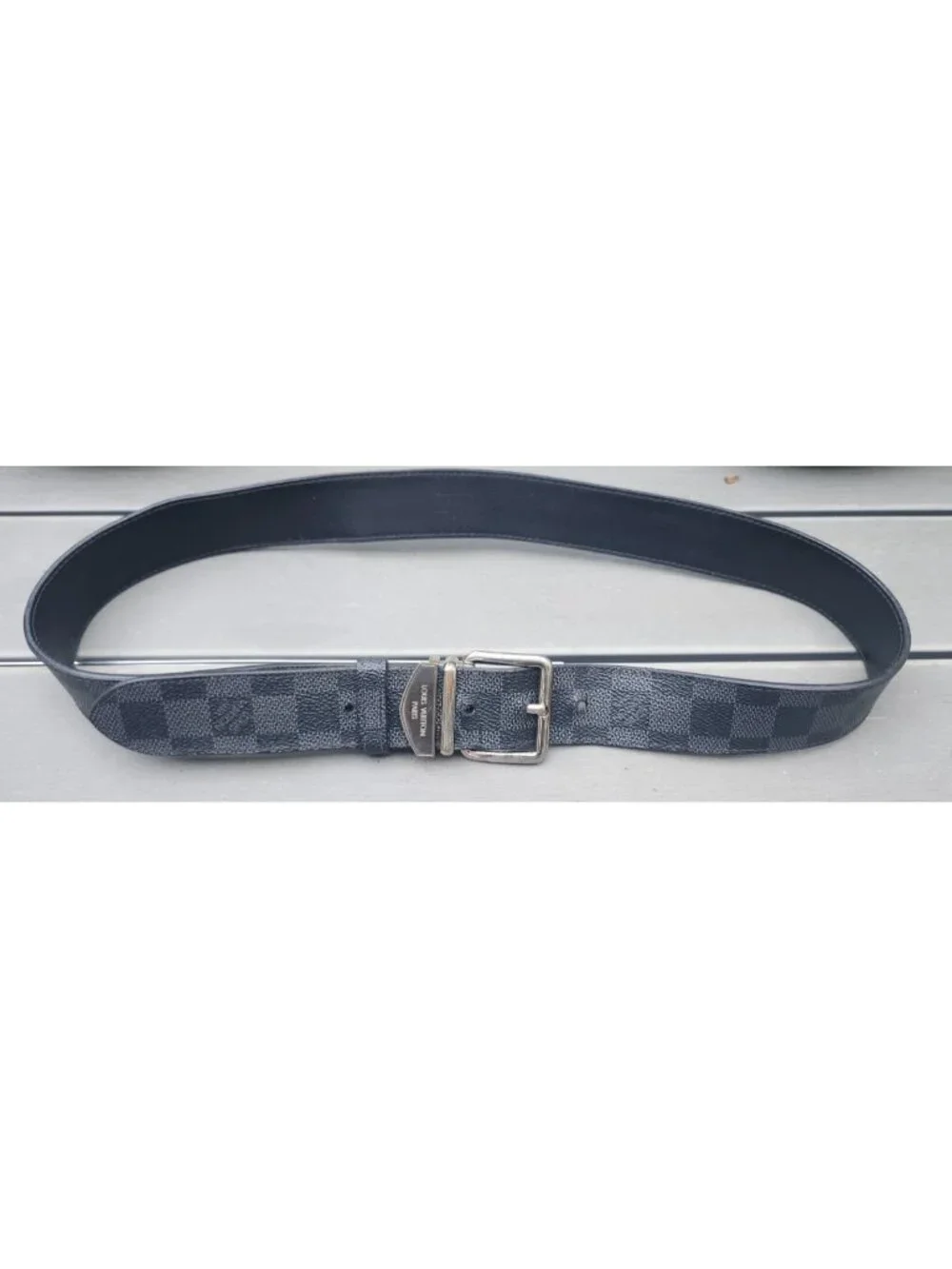 Louis Vuitton M9708 Damier Graphite Men’s Belt Black Silver Buckle Size 90/36